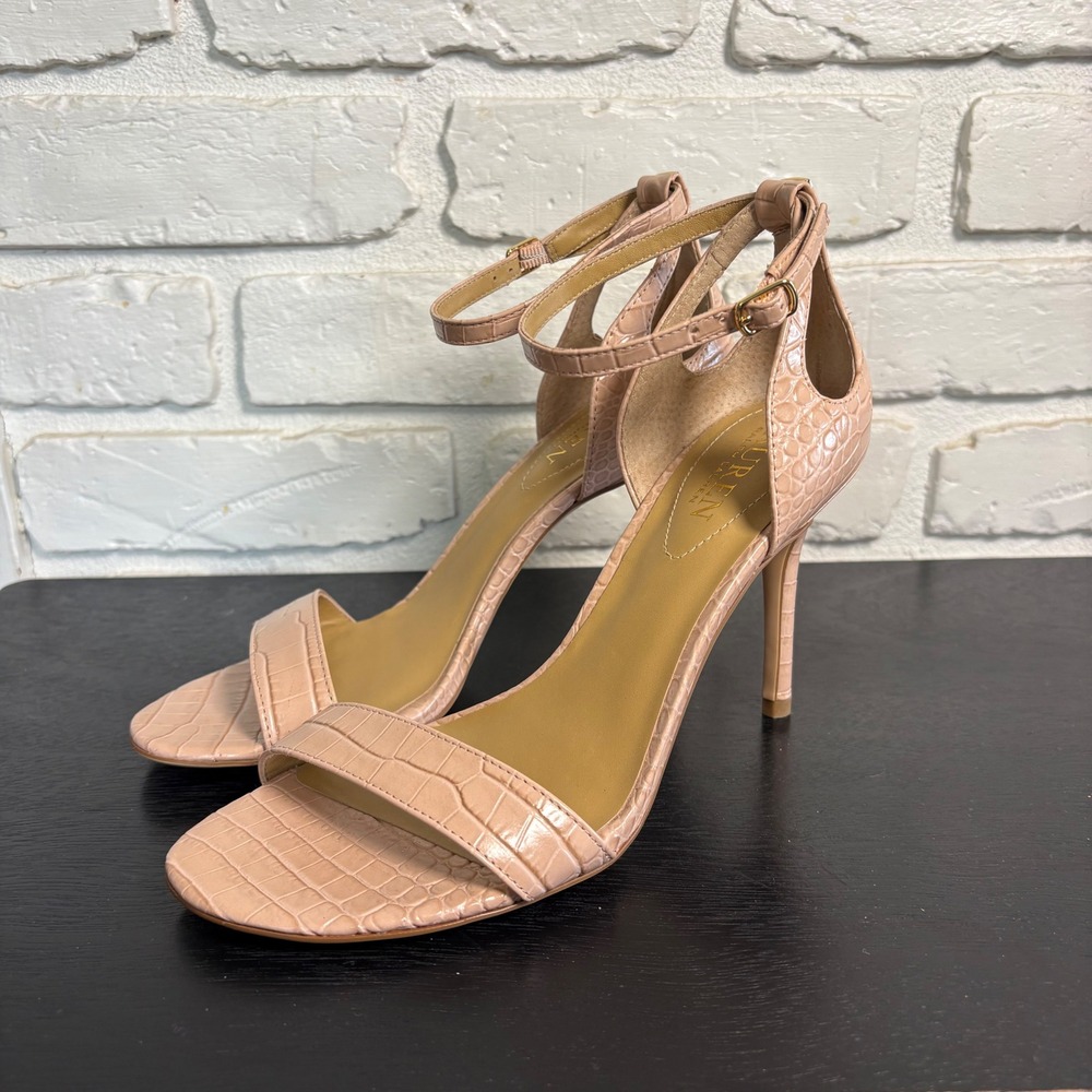 Lauren Ralph Lauren Blush Pink Croc Embossed Ankle Strap Stiletto Heels Sandals